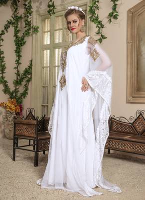 White Embroidered Crepe Islamic Kaftans 3