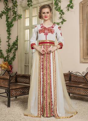 Beige Embroidered Georgette Islamic Kaftans 1