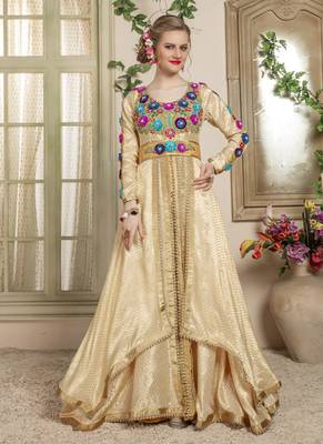 Beige Embroidered Crepe Islamic Kaftans 1