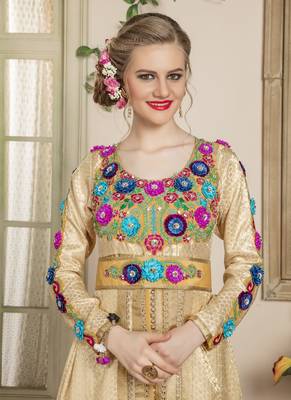 Beige Embroidered Crepe Islamic Kaftans 3