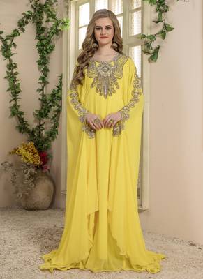 Yellow Embroidered Georgette Islamic Kaftans 2