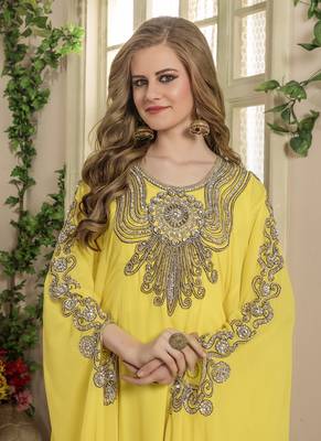 Yellow Embroidered Georgette Islamic Kaftans 4