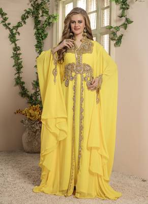 Yellow Embroidered Georgette Islamic Kaftans 1