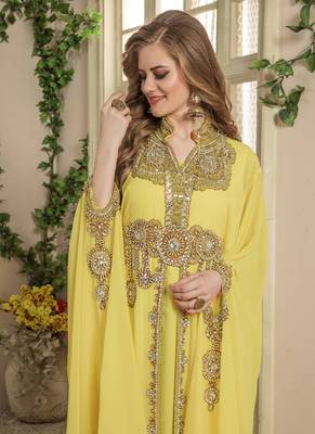 Yellow Embroidered Georgette Islamic Kaftans 3