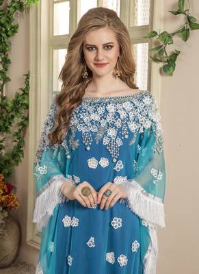 Blue Embroidered Crepe Islamic Kaftans 3