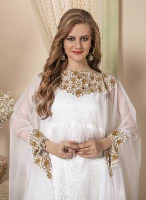White Embroidered Silk Blend Islamic Kaftans 2