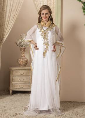 White Embroidered Silk Blend Islamic Kaftans 1