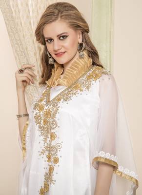 White Embroidered Silk Blend Islamic Kaftans 3