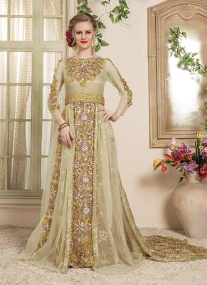 Beige Embroidered Crepe Islamic Kaftans 1