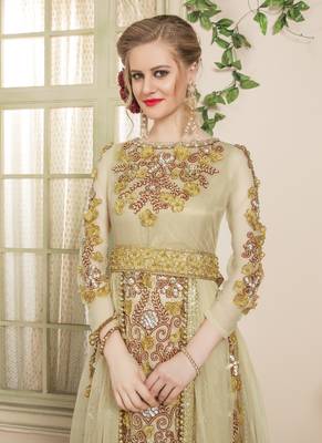 Beige Embroidered Crepe Islamic Kaftans 3