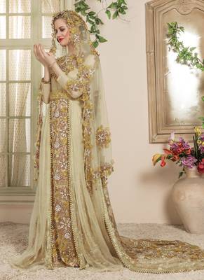 Beige Embroidered Crepe Muslim Wedding Dress 2