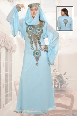 Aqua-blue embroidered georgette islamic-kaftans 1