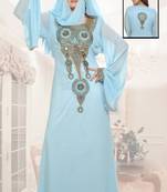 Aqua-blue embroidered georgette islamic-kaftans