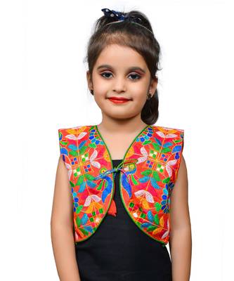 Red thread work blended cotton girls jackets coats 1