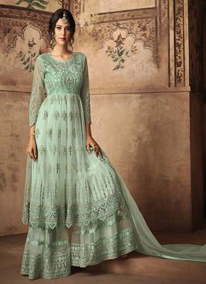 Sea-green embroidered net semi stitched salwar with dupatta 1