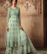 Sea-green embroidered net semi stitched salwar with dupatta