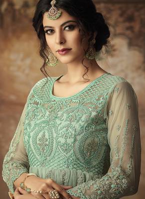 Sea-green embroidered net semi stitched salwar with dupatta 2