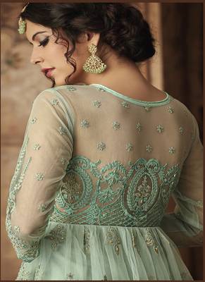 Sea-green embroidered net semi stitched salwar with dupatta 3