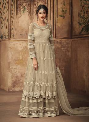 Off-white embroidered net semi stitched salwar with dupatta 1
