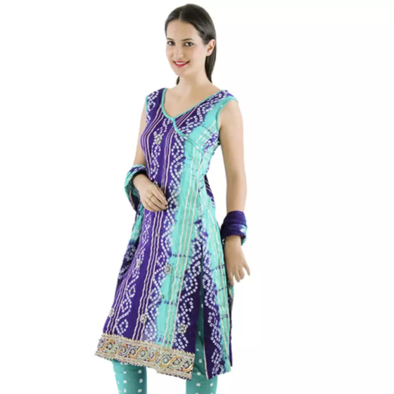 Blue Kundan Work cotton unstitched salwar with dupatta