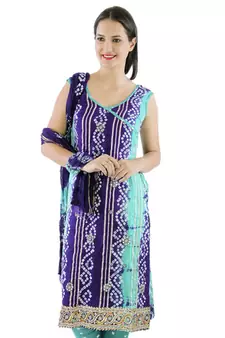 Blue Kundan Work cotton unstitched salwar with dupatta