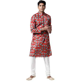 Svanik Red & Blue Floral Printed Men's Kurta 1