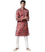 Svanik Red & Blue Floral Printed Men's Kurta