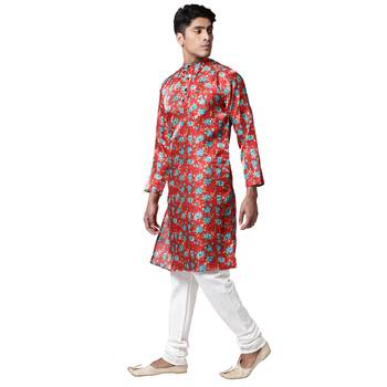 Svanik Red & Blue Floral Printed Men's Kurta 2