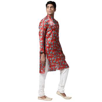 Svanik Red & Blue Floral Printed Men's Kurta 3