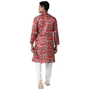 Svanik Red & Blue Floral Printed Men's Kurta 4