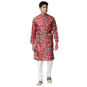 Svanik Red & Blue Floral Printed Men's Kurta 5