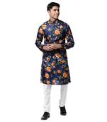 Svanik Navy Blue and Orange Floral Print Men's Knee Length Kurta