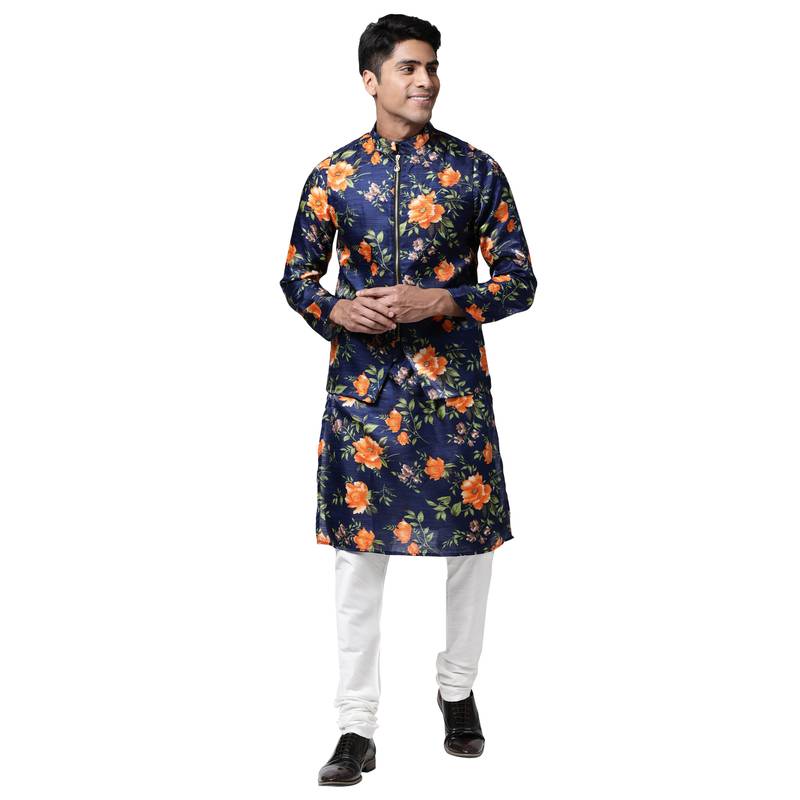 Svanik Navy Blue and Orange Floral Print Men's Knee Length Kurta