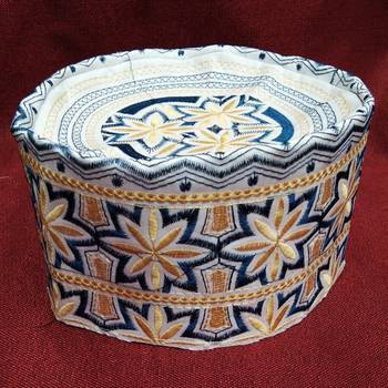 Blue and yellow embroidered islamic cap 1