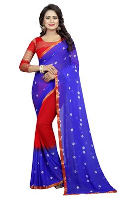 Red Printed Chiffon Saree With Blouse 1