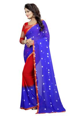 Red Printed Chiffon Saree With Blouse 3