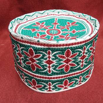 Green and red flower embroidered islamic crown cap 1