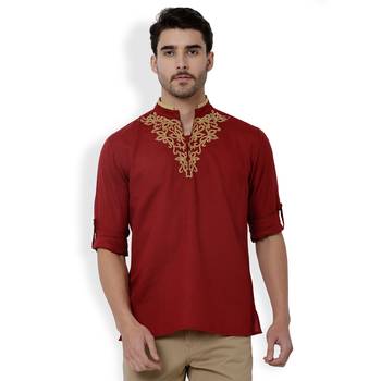 Svanik Red Solid Cotton Classic Short Kurta. 1