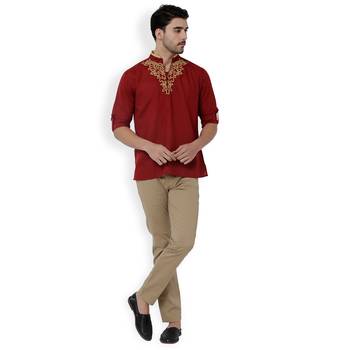 Svanik Red Solid Cotton Classic Short Kurta. 2