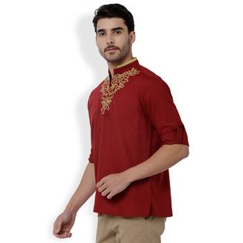 Svanik Red Solid Cotton Classic Short Kurta. 4