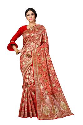 Red woven silk blend saree with blouse 1