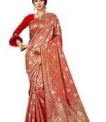Red woven silk blend saree with blouse