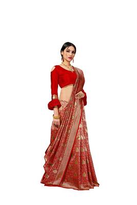 Red woven silk blend saree with blouse 2