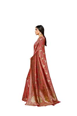 Red woven silk blend saree with blouse 3