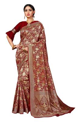 Maroon woven silk blend saree with blouse 1