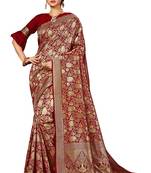 Maroon woven silk blend saree with blouse