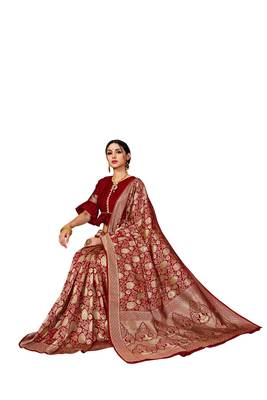Maroon woven silk blend saree with blouse 2