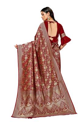 Maroon woven silk blend saree with blouse 4