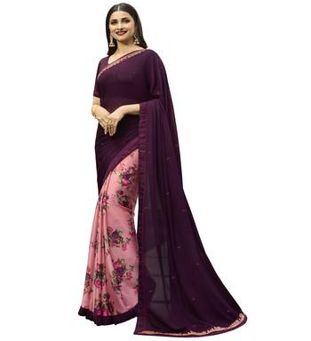 Purple printed georgette saree with blouse 1