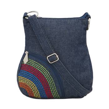 Blue denim women's sling bag with side embroidery 1